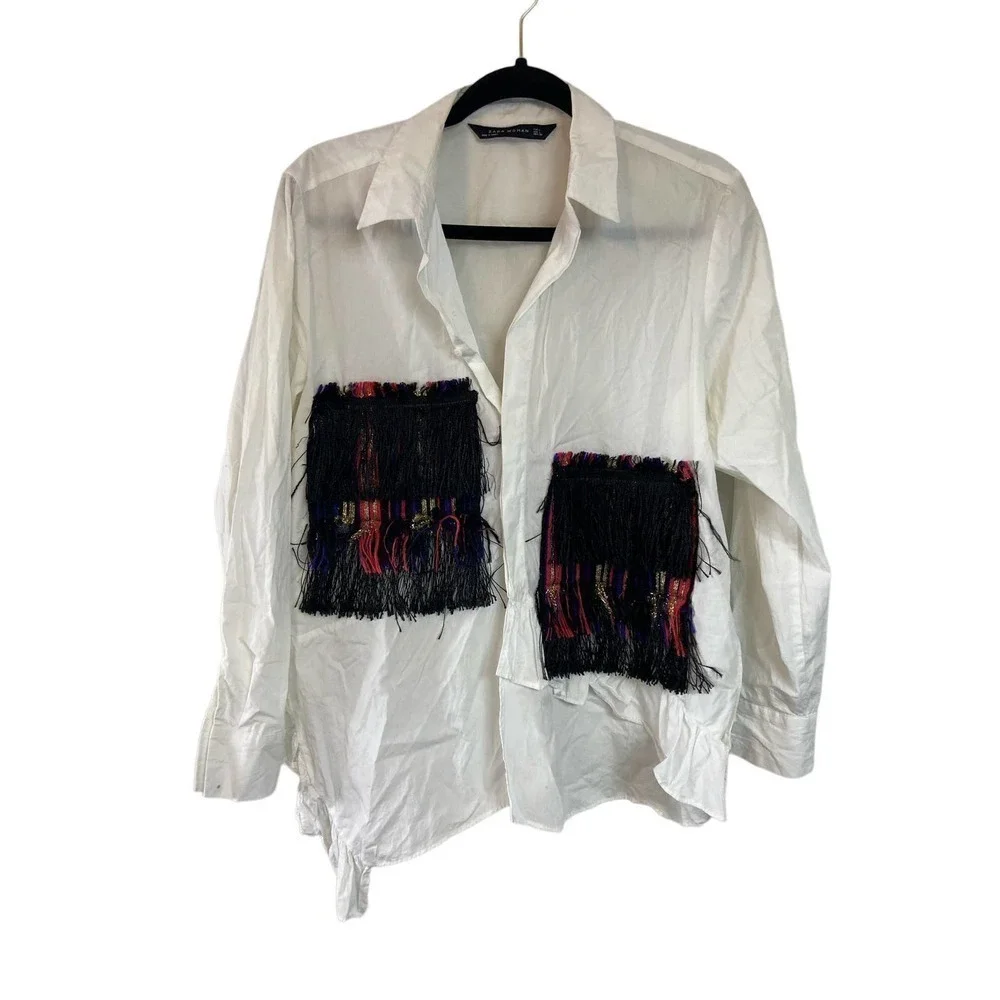 Zara asymmetric western ruffle long sleeve blouse with tassle detail size L